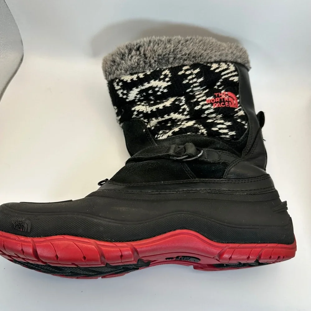 The North Face Winter Boots Women 8 Black Red Waterproof Knit Faux Fur Gorpcore